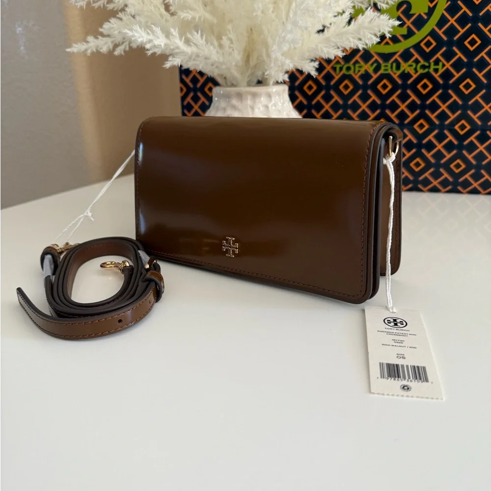 Tory Burch Emerson Mini Crossbody bag 157730 Patent Leather Rich Walnut